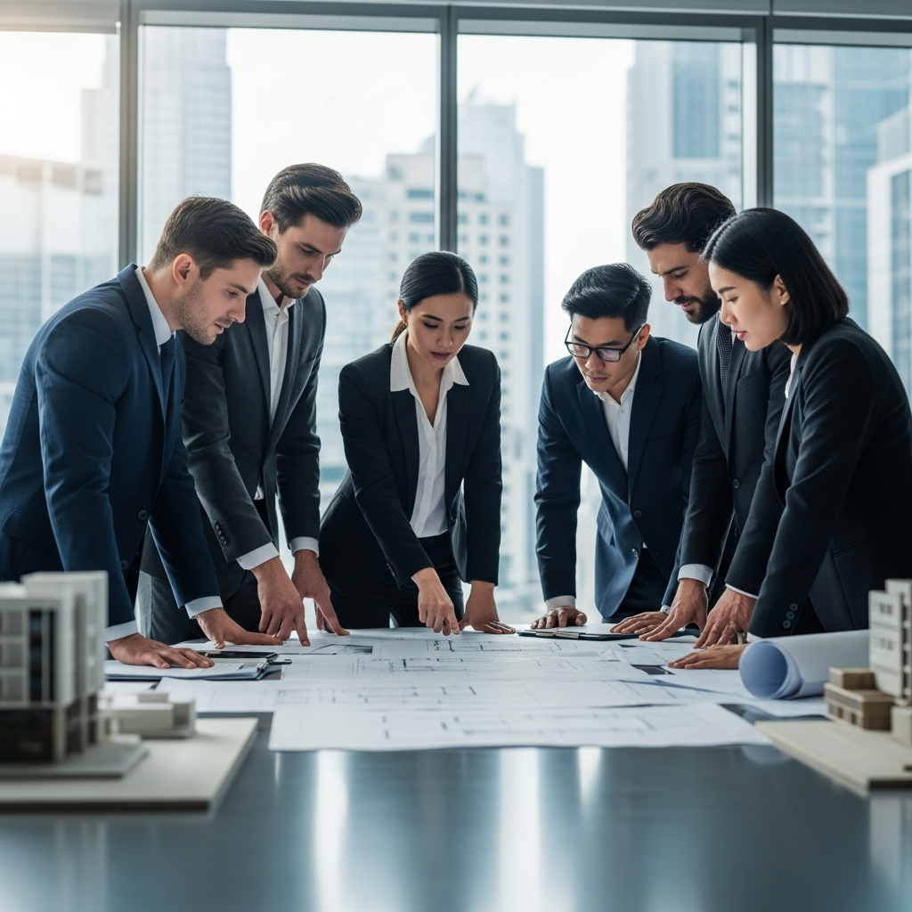 Investors reviewing architectural plans